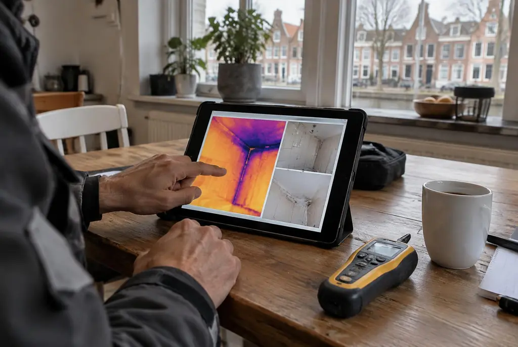 Lekdetectie Zevenhoven – lekdetectierapport met warmtebeelden en foto's op een tablet