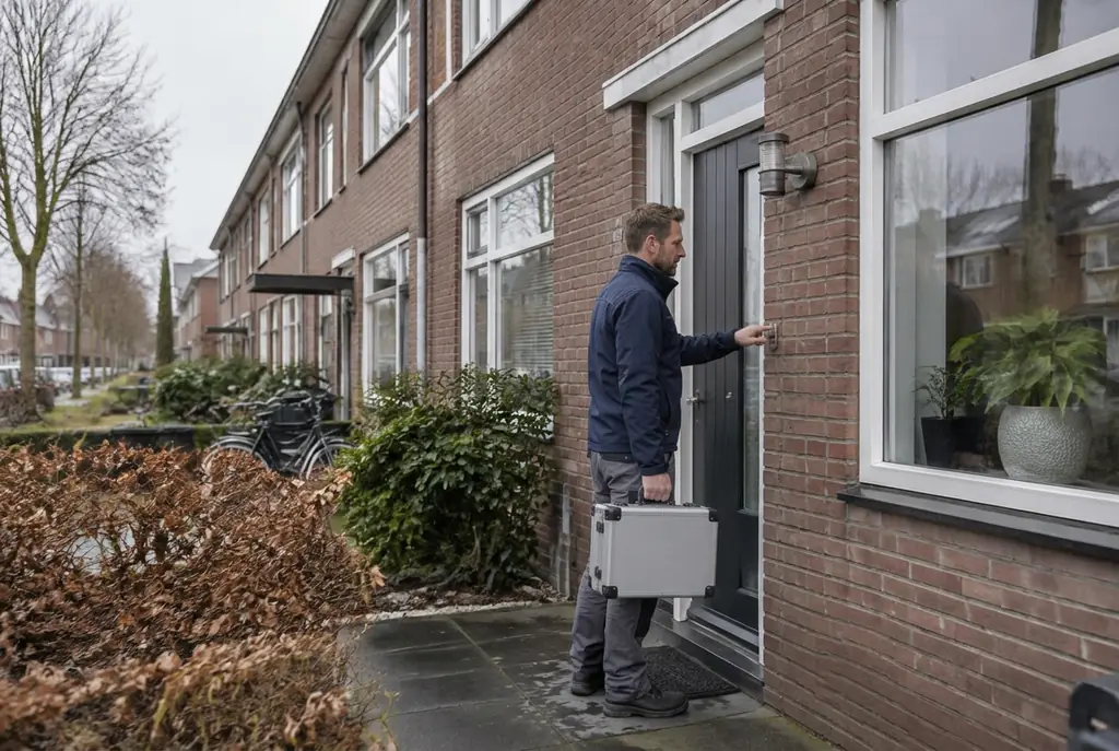 Lekdetectiespecialist met meetkoffer bij de voordeur van een woning in Zevenhoven